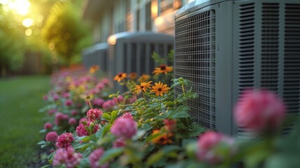   A field of lush green grass with an array of air conditioners resting atop it, surrounded by vibrant fields of pink and orange flowers
