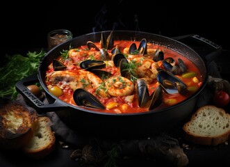 Mediterranean-Style Mussels Cooked in Tomato Sauce Served With Bread in a Pan