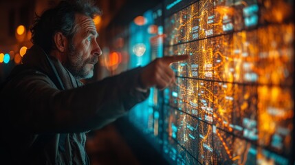   A man gestures towards a massive data visualization on a wall in a dimly lit room with overhead lighting