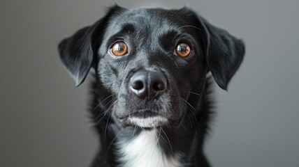headshot portrait of black and white dog