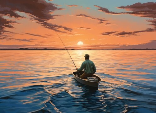 Man Fishing in Boat on Ocean