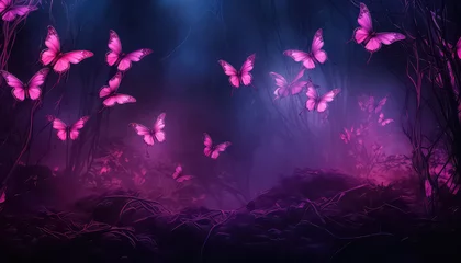 Crédence de cuisine en verre imprimé Violet Magic Night Forest and Butterflies in neon color ,spring concept