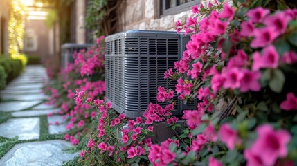   An air conditioner sits on a building's side, surrounded by vibrant pink flowers