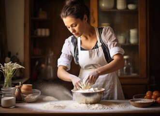 Woman sifting flour for baking in rustic kitchen