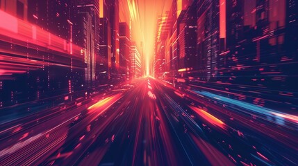 Vector illustration depicting futuristic light trails in a cyberpunk style, featuring light speed effects, slow shutter, and an urban night scene.
