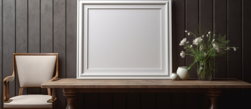 A picture frame is hanging on a wall above a wooden table in a house. The rectangular fixture contrasts with the wood flooring and door