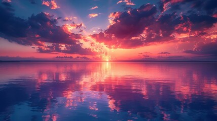 Majestic sunset over placid waters with vibrant skies - obrazy, fototapety, plakaty