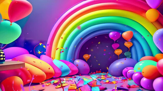 Birthday greeting or anniversary party in motion with full of colorful balloons with rainbow colors , use it as a background or greeting or setup party room. Generative Ai  