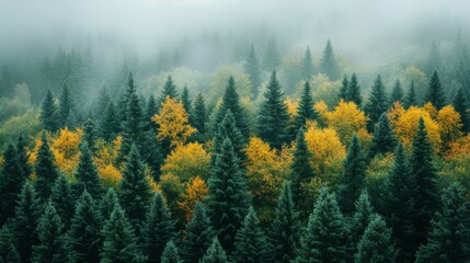   A dense forest brimming with towering trees cloaked in golden and emerald foliage on an overcast autumn morning