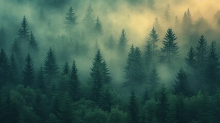   A dense forest shrouded in fog and misty clouds on a cloudy afternoon - obrazy, fototapety, plakaty