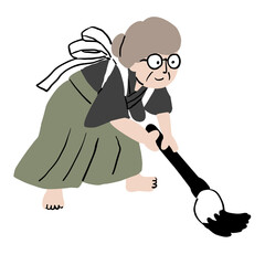 着物を着たおばあさんが大きな筆で書道パフォーマンスをする1