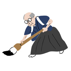 着物を着たおじいさんが大きな筆で書道パフォーマン ' スをする