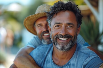 Two men, wearing sun hats and smiling, embrace on grassy field - Powered by Adobe