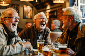 Group of seniors enjoying a conversation in a pub