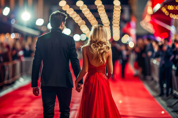 Luxury celebrity couple walks on red carpet - obrazy, fototapety, plakaty