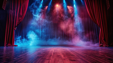 A stage with red curtains and blue smoke. Scene is mysterious and dramatic