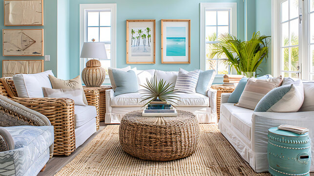 A coastal living room escape with calming blue tones, woven furniture, and natural elements evoking a beachside retreat. 
