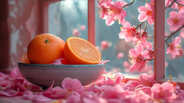   A bowl of oranges rests atop a table near a window adorned with pink blossoms