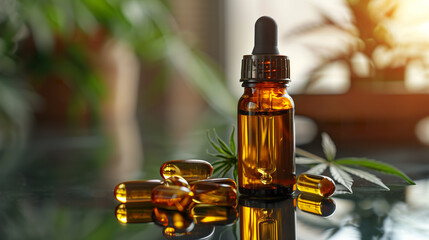 A dropper bottle of CBD oil and gel capsules are elegantly presented amongst cannabis leaves. 
