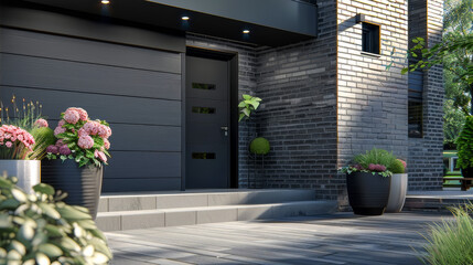 Fototapeta na wymiar Modern front door of a stylish home with plants