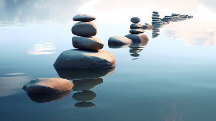 Calmness on water zen stones balance in calming reflections - obrazy, fototapety, plakaty