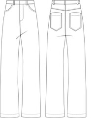 with pocket high waist high rise straight boyfriend jean denim pant trouser template technical drawing flat sketch cad mockup fashion woman design style model
