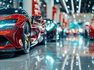 New cars display in luxury showroom with light bokeh in motor show event.  - obrazy, fototapety, plakaty