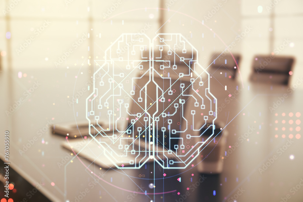 Poster Double exposure of creative artificial Intelligence symbol with modern laptop on background. Neural networks and machine learning concept
