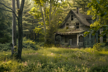 Abandoned house in overgrown greenery