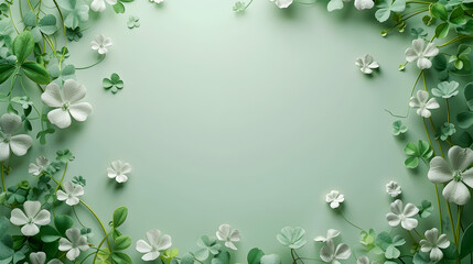 3D Green clover leaf Background with White Flowers  Frame
