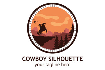 logo landscape silhouette of cowboy riding at horse  template simple concept vintage design