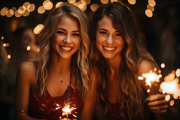 Obraz na płótnie Canvas Female friends holding sparklers at New Year's party midnight countdown