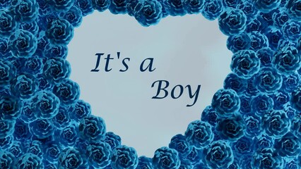Gender reveal boy concept animation video with blue blooming roses heart frame 4k loop animation.