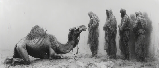 a a lot of people standing around a camel