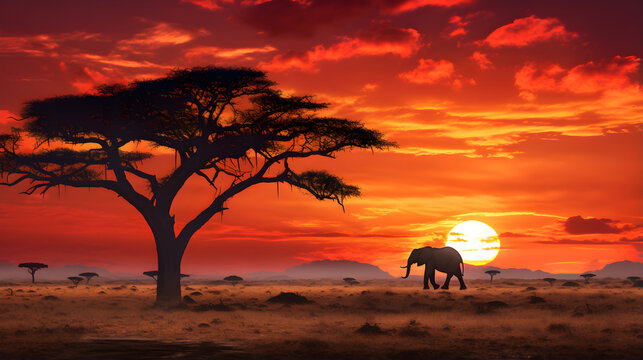 The Majestic Silhouette of an Elephant against the African Savannah Sunset