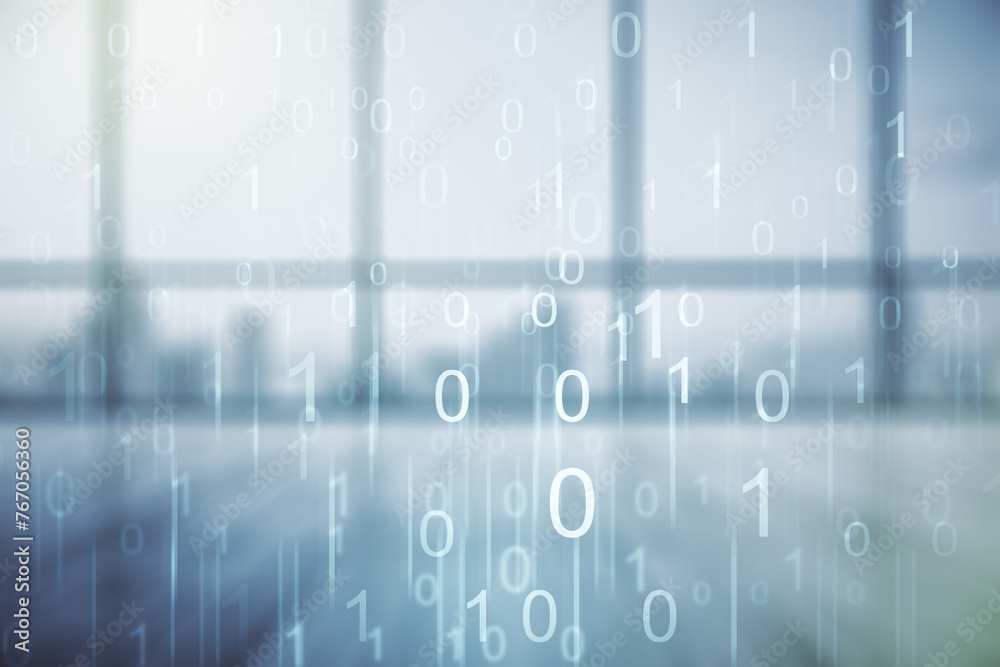 Leinwandbilder double exposure of abstract virtual binary code hologram on empty modern office background. database