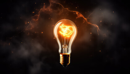 Light bulb with fire on black background