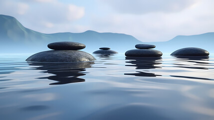 Calmness on water zen stones balance in calming reflections