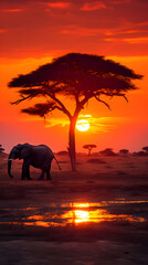 Fototapeta na wymiar The Majestic Silhouette of an Elephant against the African Savannah Sunset