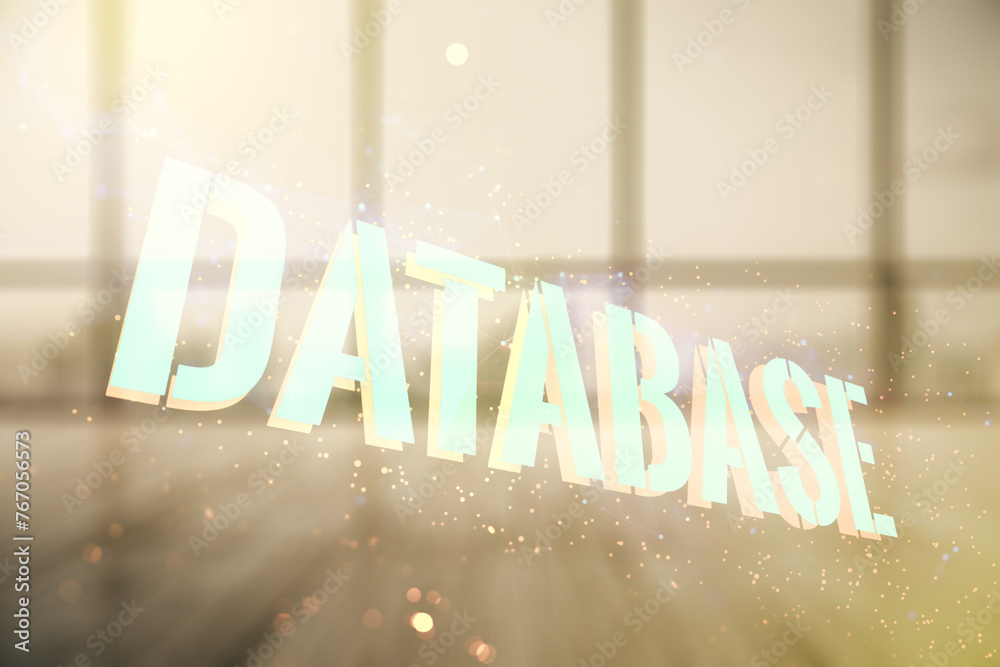 Poster double exposure of database word sign on abstract empty interior background, global research and ana