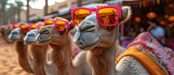 a many camels wearing sunglasses on their heads and neck - obrazy, fototapety, plakaty