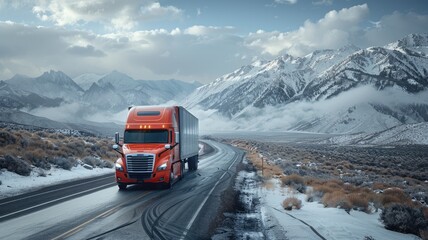 A red semi truck is driving down a snowy road with mountains in the background