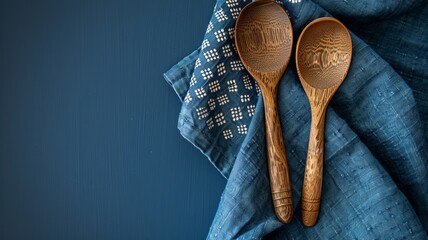 Culinary simplicity with wooden spoons on a textured blue kitchen cloth backdrop - obrazy, fototapety, plakaty