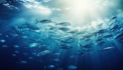 A school of fish underwater hunting in a group - obrazy, fototapety, plakaty