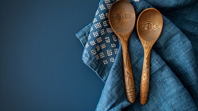 Culinary simplicity with wooden spoons on a textured blue kitchen cloth backdrop