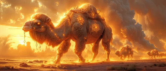 Schilderijen op glas a a lot of camels that are walking in the desert © Masum