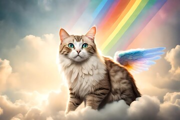 Cat with angel wings and rainbow in heaven