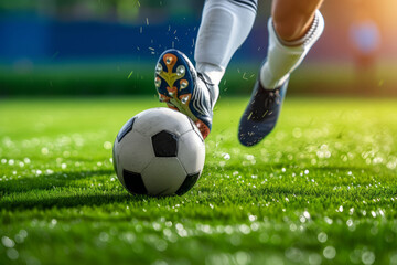 Close up Soccer player's feet kicking the ball on the green stadium of the football field - 767057110