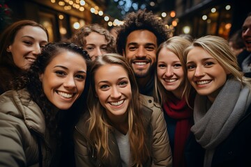 Friends taking a selfie while celebrating New Year in the city streets