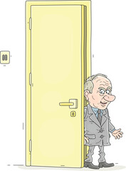 Angry and suspicious official in an old-fashioned grey business suit entering his office with a very high yellow door, vector cartoon illustration on a white background